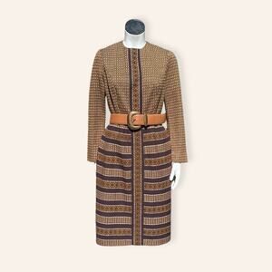 1960s Long Sleeve Midi Knit Dress – Brown Tan Mod Style – Size Medium